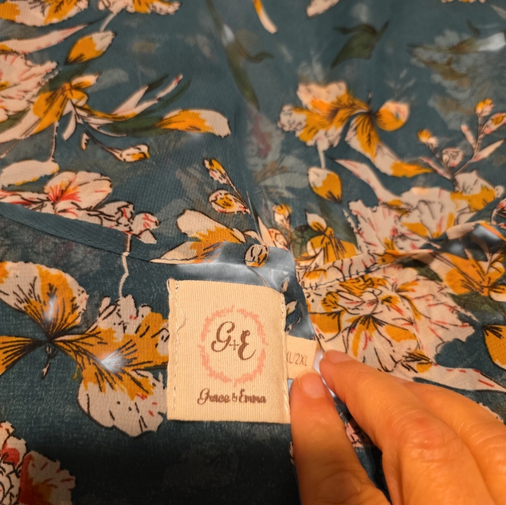 Emma And Grace Blue Floral Open-Front Kimono 2X - Picture 2 of 5